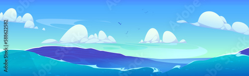 Ocean wave and blue sky with cloud vector background. Sea cartoon panoramic landscape. Sunny horizon skyline scene. Wild seaside with water splash, foam and flying birds