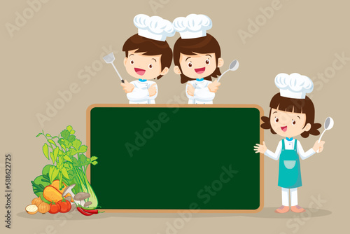 Chef Kids Cooking class design template.Cute little chef cooking meal menu