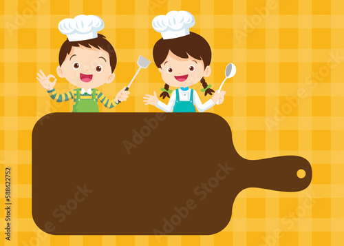 Chef Kids Cooking class design template.Cute little chef cooking meal menu