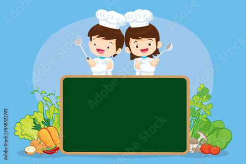 Chef Kids Cooking class design template.Cute little chef cooking meal menu,board,poster,banner,certificate