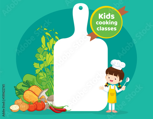 Chef Kids Cooking class design template.Cute little chef cooking meal menu