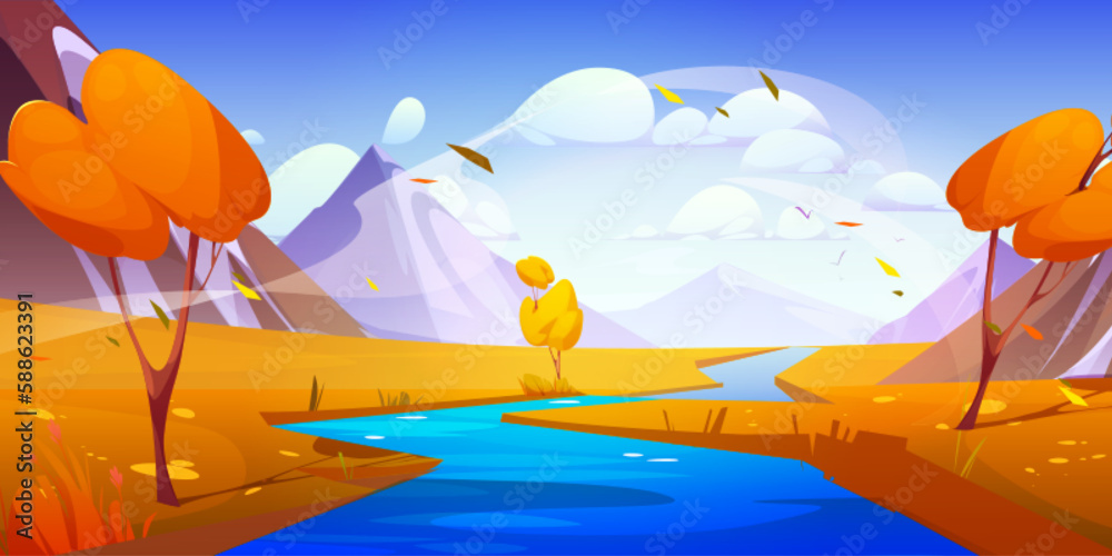 River water stream and mountain autumn landscape illustration. Beautiful vector cartoon outdoor nature scenery. Himalaya orange valley, wind flow and falling leaves design. Fall breeze on riverside