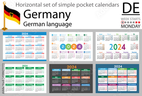 German horizontal set of pocket calendar for 2024. Week starts Monday