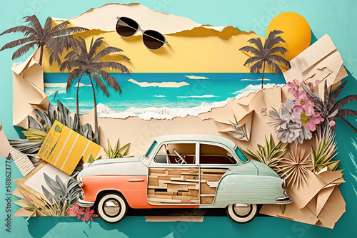 Summer vacation unusual trendy art paper collage design. Retro paper art collage. Generative AI