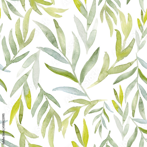 Watercolor green twigs with leaves hand drawn seamless pattern. Endless background for wallpaper and fabric.