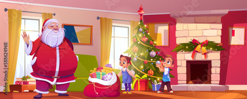 Christmas living room interior with Santa Claus, kids and fireplace. Holiday party celebration with green xmas tree and gift in house vector cartoon illustration. Fairytale character inside flat