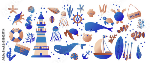 Under the sea set Lighthouse, whales, fish, turtles, shells, surfboard, algae, jellyfish, seahorse, treasure chest, etc.Perfect for scrapbooking, greeting card, party invitation