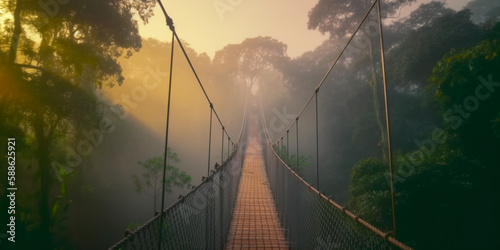 lange Hängebrücke im Wald mit Sonnenlicht, generative AI