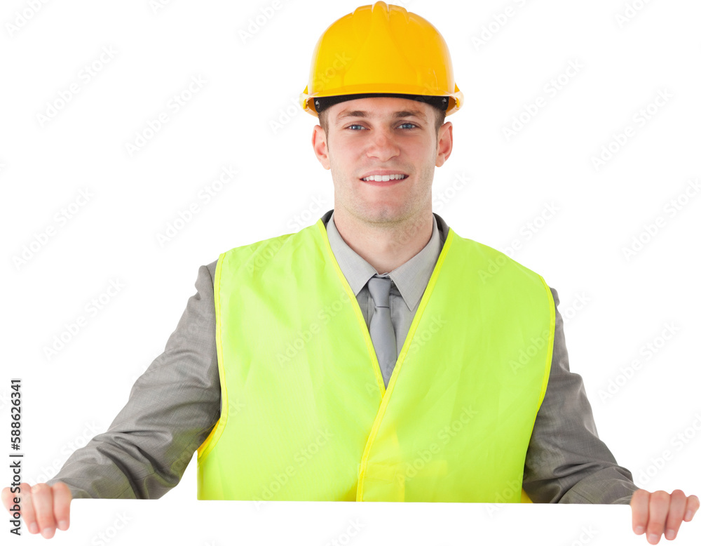 Builder holding a blank panel Builder holding a blank panel