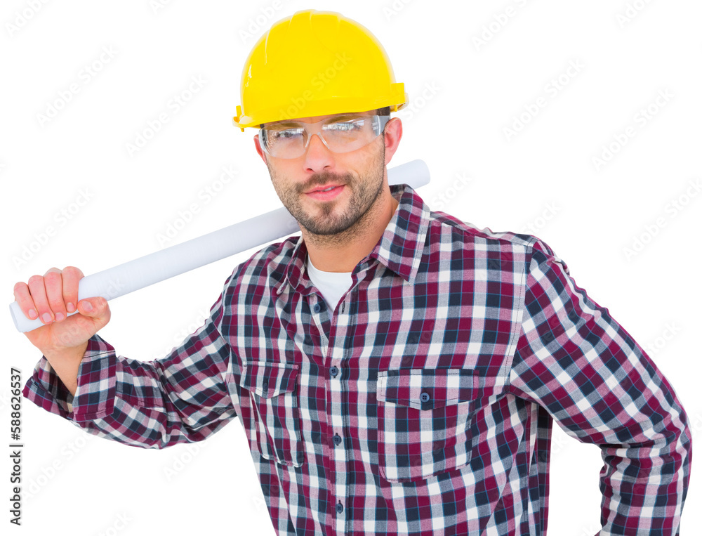 Handyman holding rolled up blue