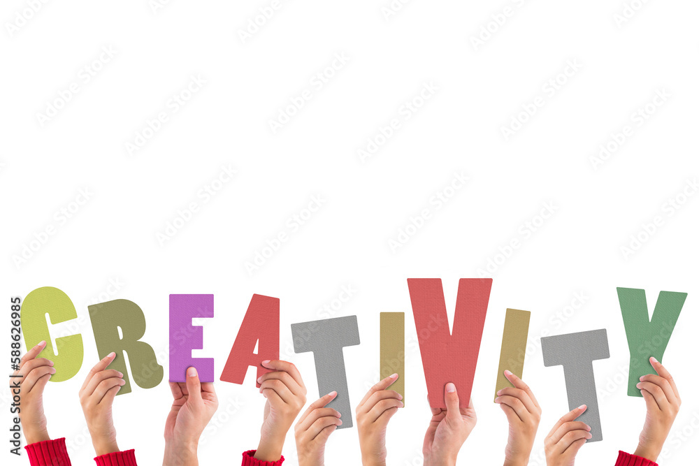 Colorful alphabet spelling creativity held up by people Colorful alphabet spelling creativity held up by people