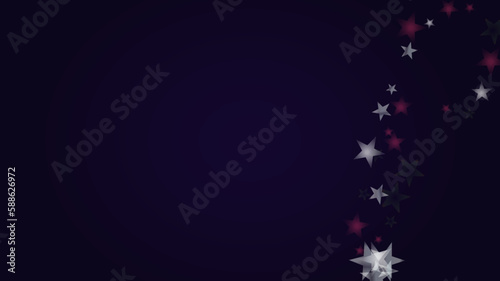 Vector Magical Glowing Background with Silver and Purple Falling Stars on Black. Christmass and New Year Poster. Glittery Confetti Frame. Sparkle Star Night Banner Design.