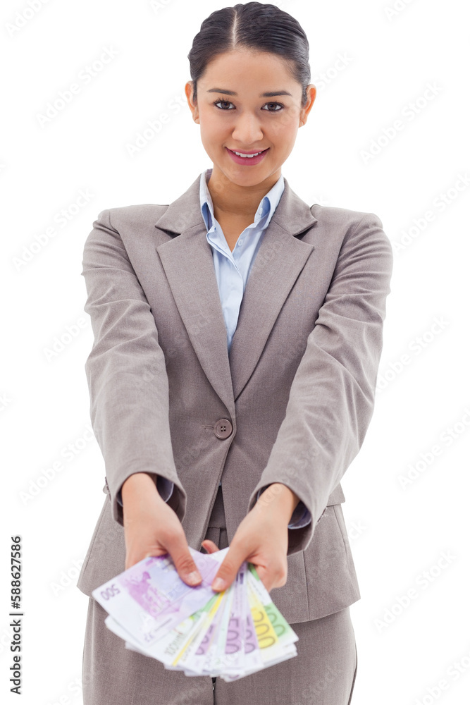 Portrait of a businesswoman showing bank notes Portrait of a businesswoman showing bank notes