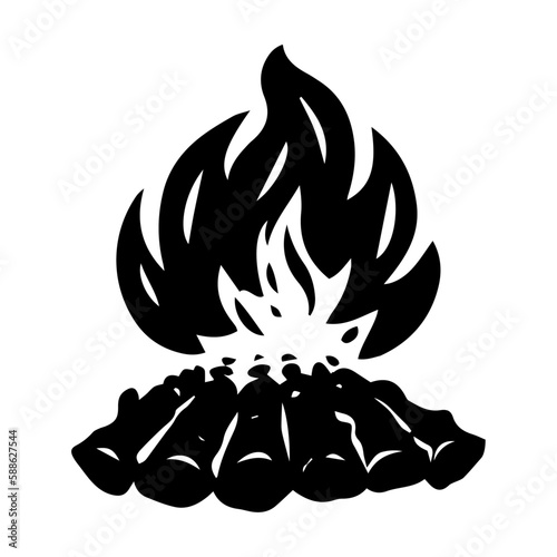 Vector black and white cartoon illustration of burning fire with wood. Fire wood and bonfire icon isolated on white background.