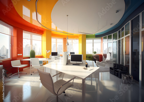 Vibrant Colorful Corporate Office Interiors, Workspace Design for a Dynamic and Inspiring Environment, Generative AI
