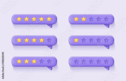 3d customer review. Feedback from clients concept. Set of low and high stars rating on purple background. Realistic vector illustration for website or mobile applications.
