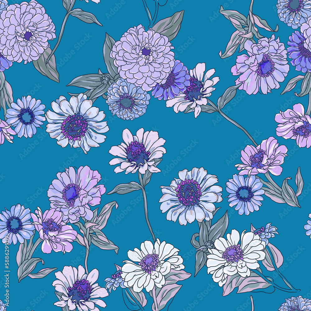 Seamless floral pattern with garden lilac dahlias on a light blue background.