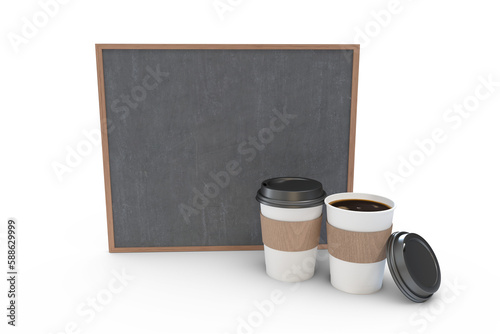 Digital composite image of disposable coffee cups and blackboard