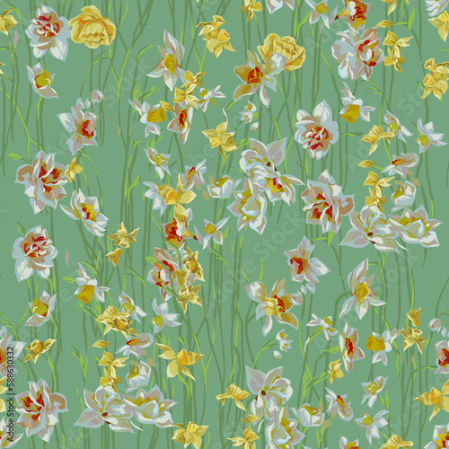 Seamless floral pattern with garden daffodils on green background.