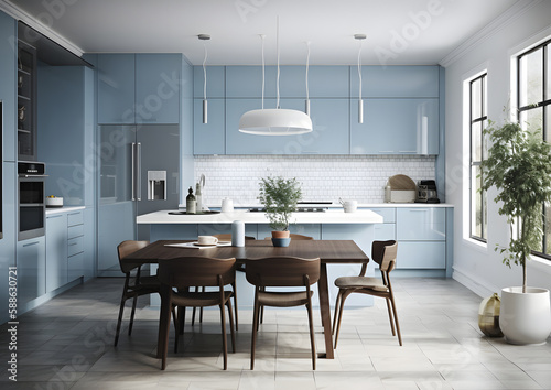 Light Blue Modern Kitchen with Sleek Design, Sleek and Sophisticated Light Blue Kitchen with Marble Textured Wall and Leather Chairs