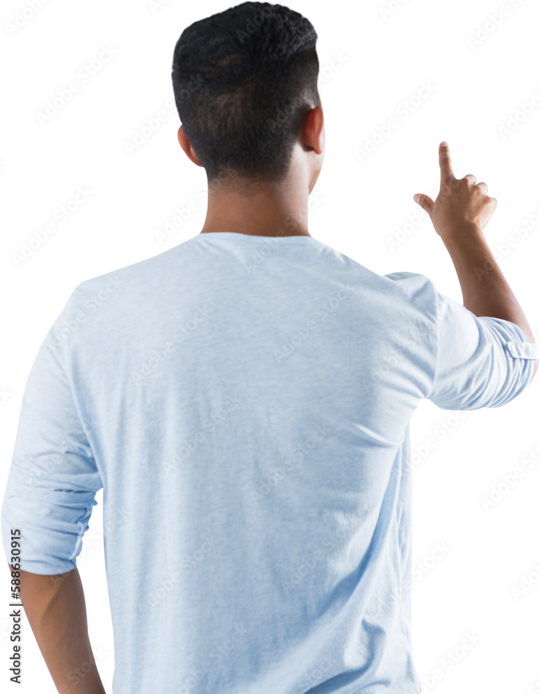 Man pretending to touch an invisible screen against white background Man pretending to touch an invisible screen against white background