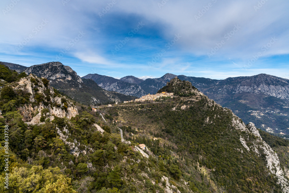 view of the idyllic coastal mountain village of Sainte-Agnes in the Alpes-Maritime region of the Cote d'Azur in southern France