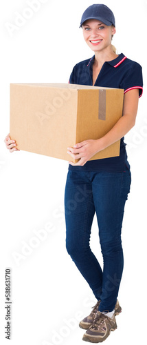 Happy delivery woman holding cardboard box