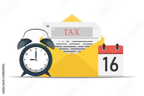 Personal tax payment contract deadline, Paper document with clock, calendar on isolated background, Digital marketing illustration.