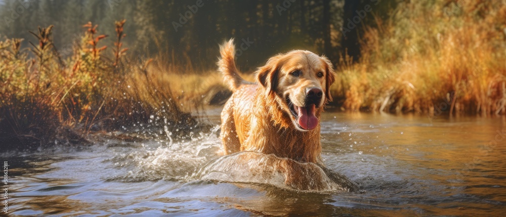 Dog running on water. Start of Fall. Generative AI