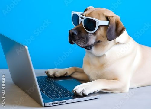 Cute retriever dog with sunglasses. Concept of pet gamer, programmer or happy pet day. © ZayNyi