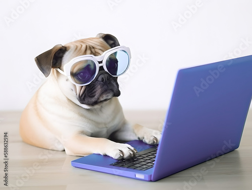Cute pug dog with glasses. Concept of pet gamer, programmer or national pet day. © ZayNyi