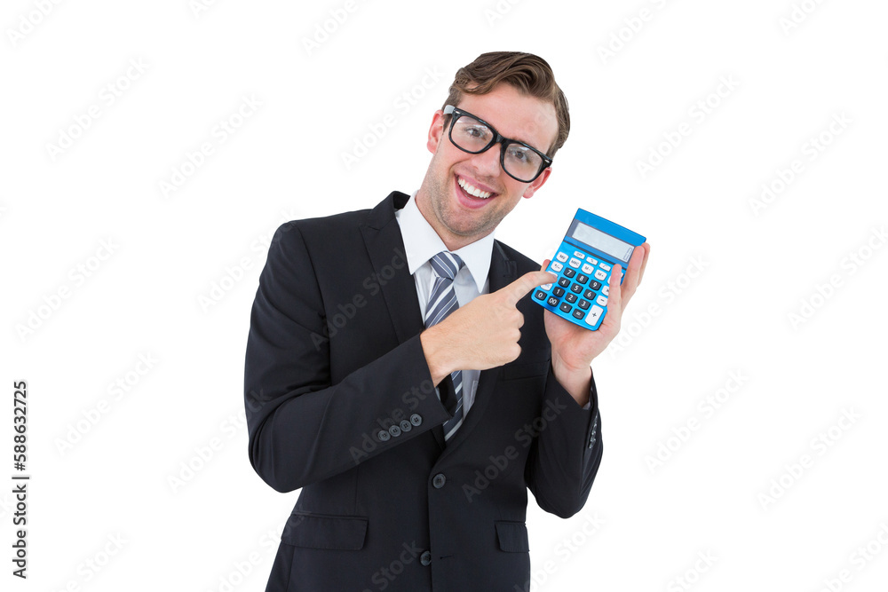 Geeky businessman pointing to calculator Geeky businessman pointing to calculator