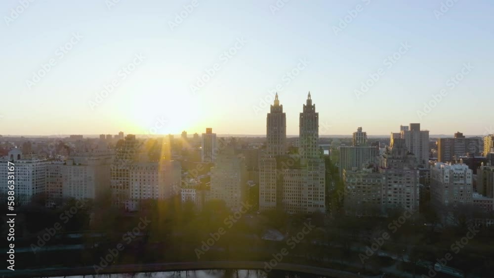 Aerial view of the Carnegie Hill cityscape, sunset in New York, USA - tracking, drone shot Aerial view of the Carnegie Hill cityscape, sunset in New York, USA - tracking, drone shot