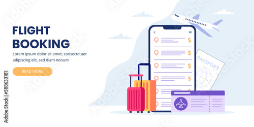 Buying online flight ticket with smartphone, perfect for web design, banner, mobile app, landing page.	
