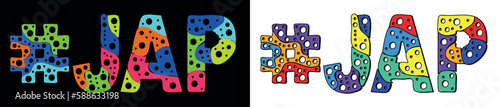 Wallpaper Mural JAP Hashtag. Multicolored bright cartoons curves isolated letters, with round holes like bubbles. Trendy popular Hashtag #JAP for japanese adult web resource, typography banner, t-shirts. Torontodigital.ca