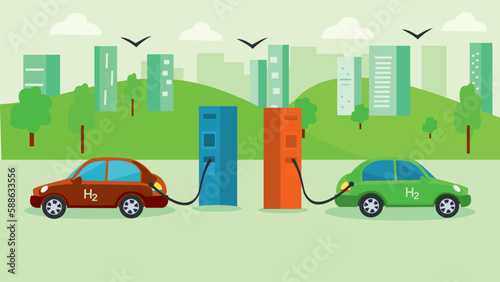 Hydrogen Vehicles Getting Filled with Hydrogen Fuel Station Illustration