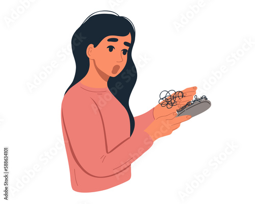 Upset woman with fallen hair on a comb. Alopecia. Vector illustration