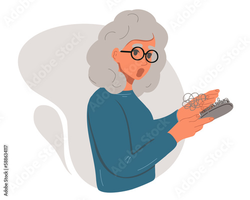 Upset elderly or old woman with fallen hair on a comb. Alopecia. Vector illustration