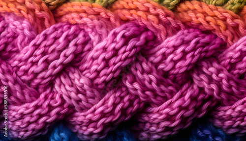 Cozy Knit Textures in Gradient Hues, warmth and intricacy of knit textures, with interlocking yarn in gradient hues ranging from vibrant pinks to soft purples, highlighting the cozy craft of knitting