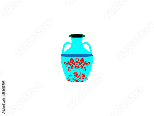 colored vases with blooming flowers for decoration and  poppy  Vector illustration. Colored ceramics vase object, antique  cup with abstract pattern isolated on white background vector illustration.