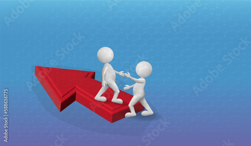3D white people helping symbol with red arrow to  growth in a successful business banner with copy space for your business design icon graphic illustration image background template..