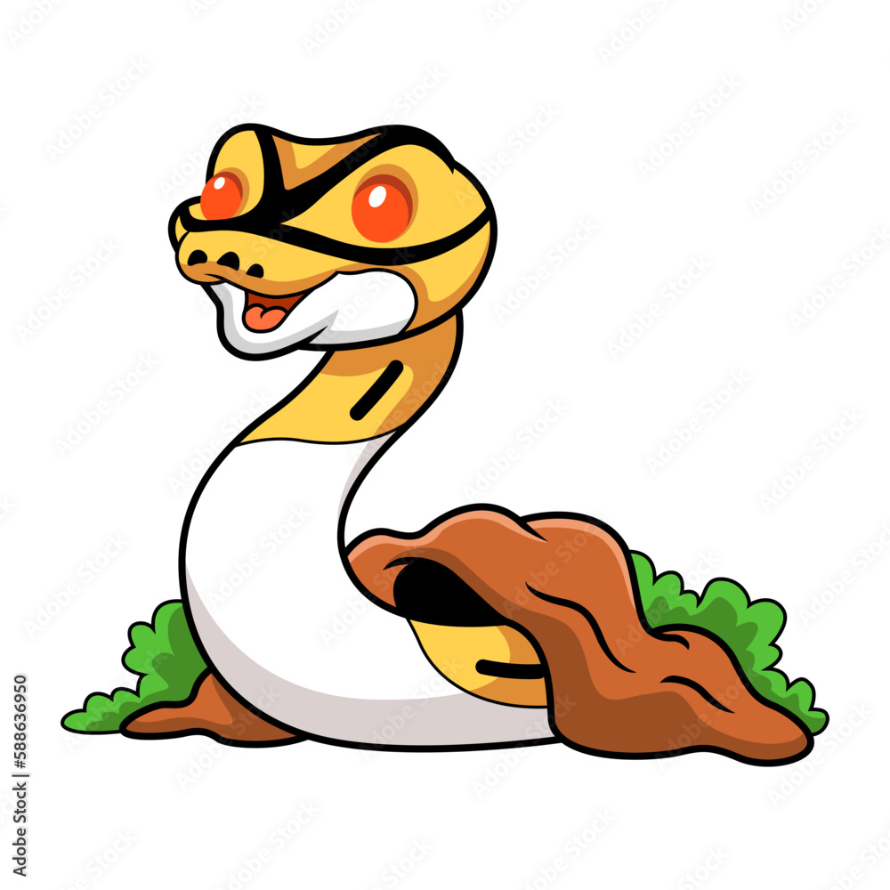 Fototapeta premium Cute albino pied ball python cartoon out from hole
