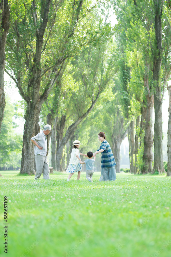 ポプラ並木で遊ぶ祖父母と孫