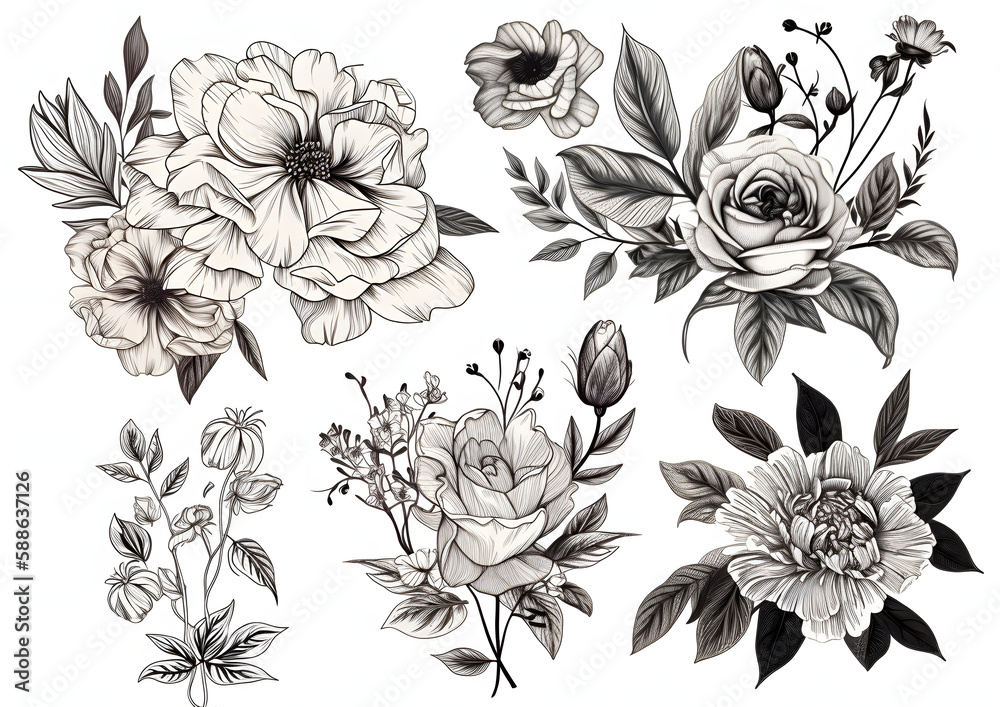 Fototapeta premium Elegant Bouquet Flower and Leaves Line Art Ornament Collection, Generative AI