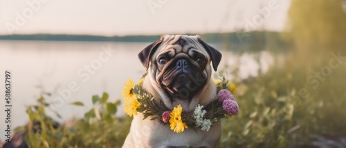 Dog with flowers. Start of Summer. Generative AI