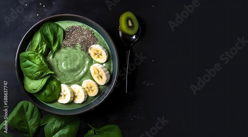 Savor the delightful taste of a breakfast detox green smoothie bowl, skillfully crafted from bananas and spinach, Top view beautifully presented on a black background.