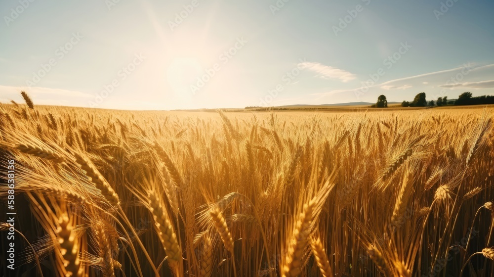 Golden wheat field and sunny day. Generative AI