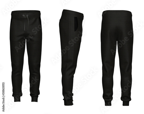 Blak Sweatpants Front, back and side view isolated