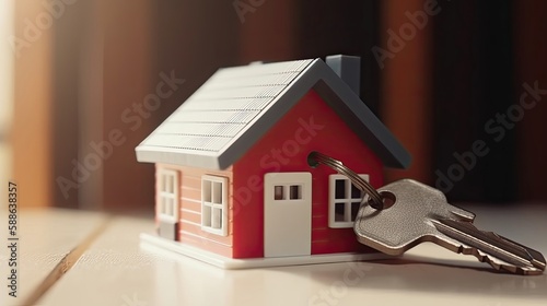 House model and key in house door. Generative AI © AdriFerrer