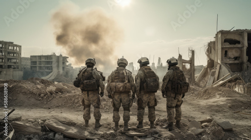 Four military soldiers looking at the burning battlefield,3 Generative AI